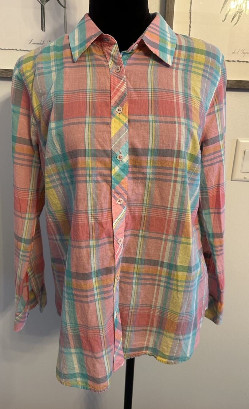 Talbots Pink Plaid Long Sleeve Shirt Button Down 100% Cotton Size Large Preppy
